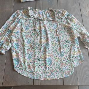 Carolina Belle Floral Ruffle Tie-Neck Blouse in Cream with Pink, Green & Blue